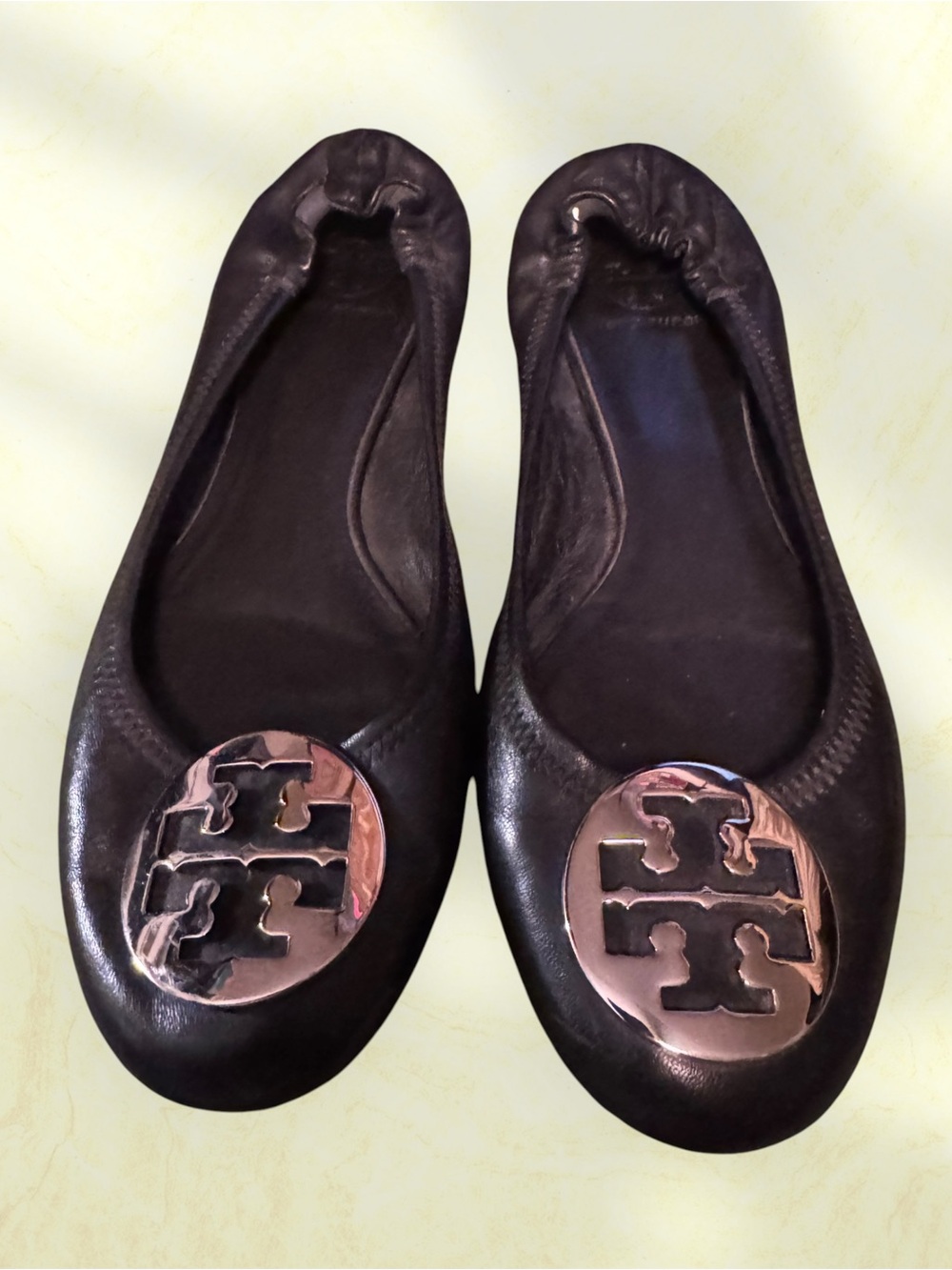 Tory Burch Black Leather Logo Round-Toe Ballet Flats